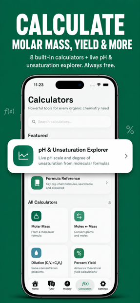 Calculators hub with molar mass and moles-mass tools for organic chemistry