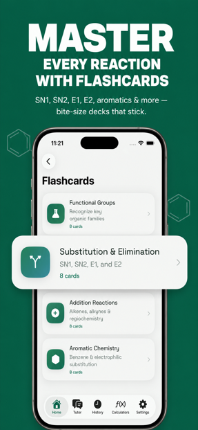 Flashcard decks including Substitution and Elimination for SN1 SN2 E1 E2 practice