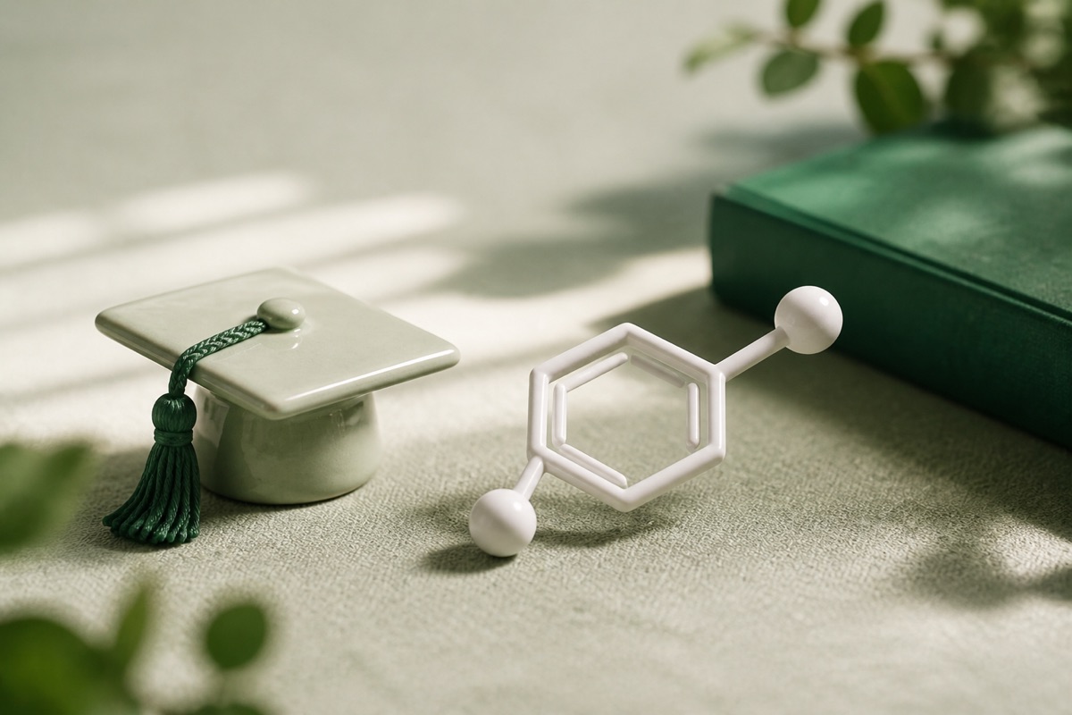 Graduation cap beside a molecular model for an organic chemistry tutor